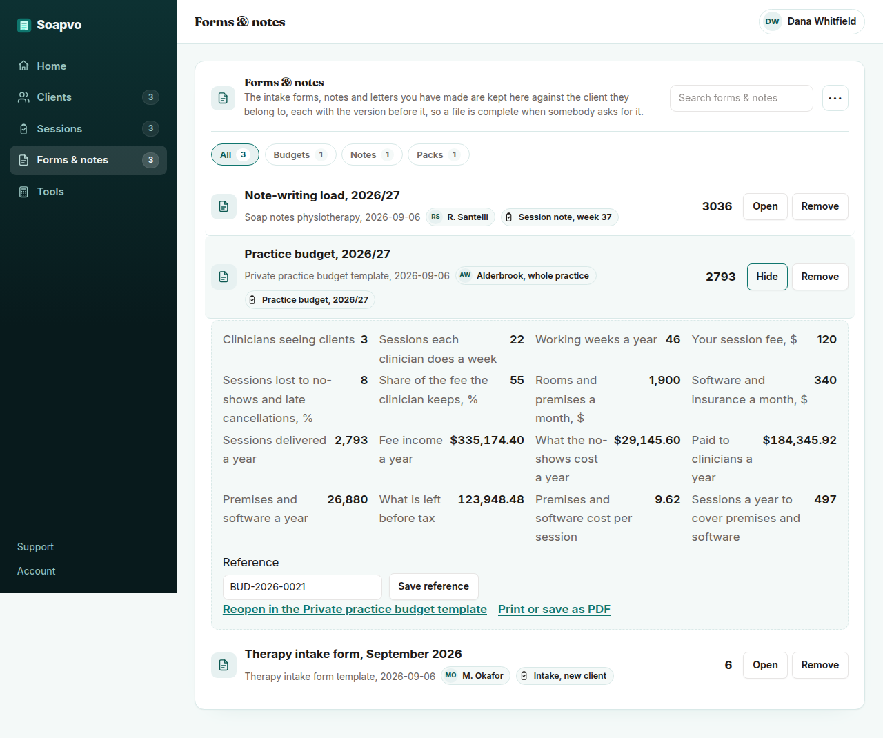 The Soapvo workspace with the private practice budget sheet open: 2,794 sessions a year, $335,174 of fee income, $29,146 lost to no-shows and 497 sessions needed to cover premises and software.