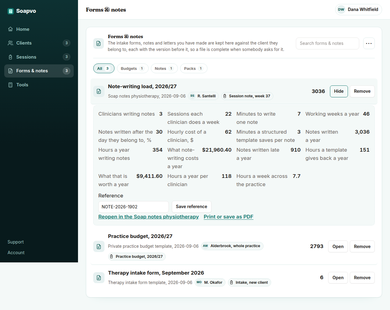 The Soapvo workspace with the SOAP notes sheet open: 3,036 notes a year, 354 hours and $21,960 of clinician time, 910 written late and 151 hours a template would give back.