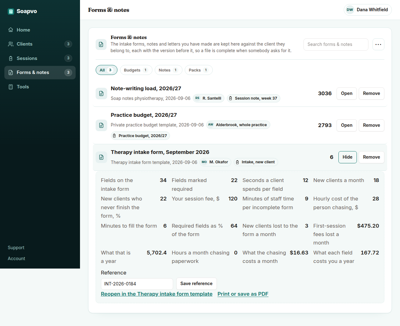 The Soapvo workspace with the therapy intake form sheet open for a three-clinician practice: 34 fields, a 64% required share, four new clients a month lost to the form and $475 of first-session fees.